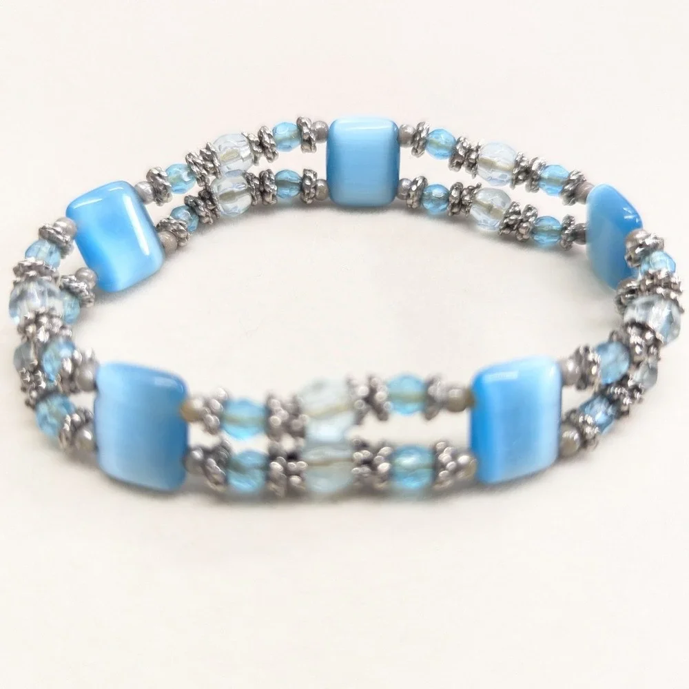 Vintage Beaded Stretch Bracelet Blue Cats Eye 2 Strand SilverTone Clear‎ Beads